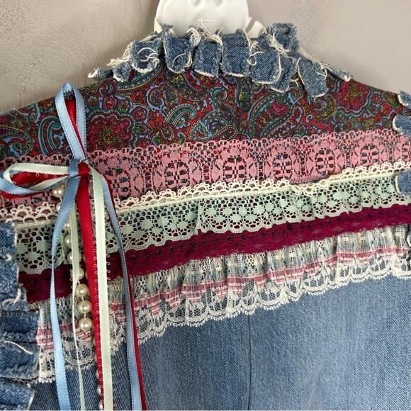 HANDMADE Vintage OOAK Upcycled Funky Unique Denim Vest Tassle Beaded Lace Fringe - Picture 9 of 11